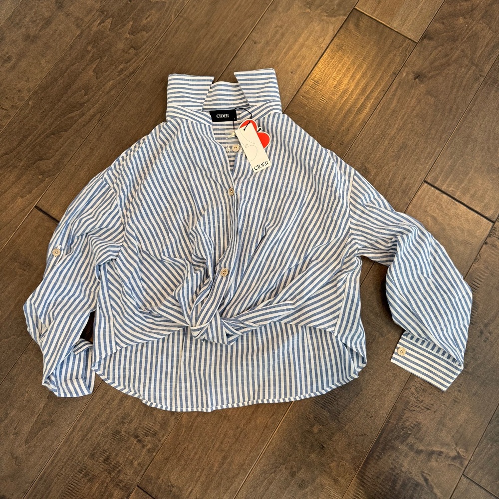 Cider Blue and White Cotton Collar Striped Knotted Roll-up Long Sleeve Shirt